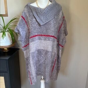 Arianna by Howards Cozy Gray and Red Knit Poncho Sweater
